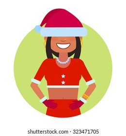 Female character, portrait of Indian teenage girl in Santa costume with hat on her eyes 