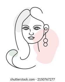 Female character portrait, isolated teenage girl with curly hairstyle and massive earring accessory. Contemporary trendy personage. Minimalist drawing, sketch with watercolor blot. Vector in flat