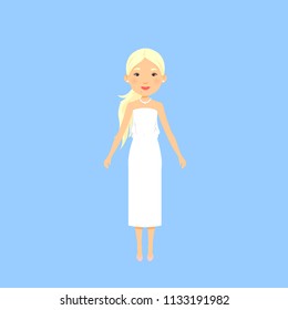 a female character, a portrait of a pretty young girl/woman dressed in an elegant white dress as a bride; cartoon style, childish, doll look; vector, isolated