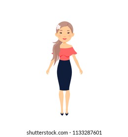 a female character, a portrait of a pretty young girl/woman; casual dress/look; cartoon style, childish, doll look; vector, isolated