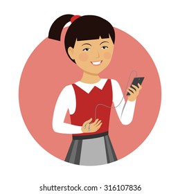 Female character, portrait of smiling Asian schoolgirl holding smartphone with headphones