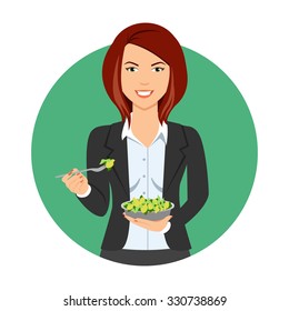 Female character, portrait of smiling businesswoman eating green salad