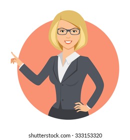 Female character, portrait of smiling businesswoman pointing with her finger