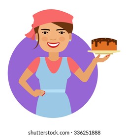 Female character, portrait of smiling female confectioner holding plate with cake