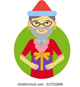 Female character, portrait of smiling woman wearing Santa hat and fake beard, holding gift box