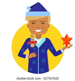 Female character, portrait of smiling woman wearing Santa costume, holding red star