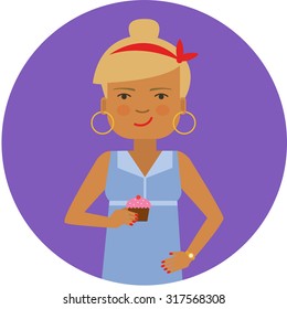 Female character, portrait of smiling woman holding cupcake