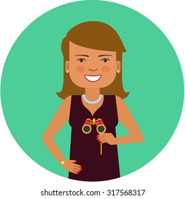 Female character, portrait of smiling woman holding opera glasses