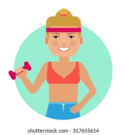 Female character, portrait of smiling woman holding dumbbell