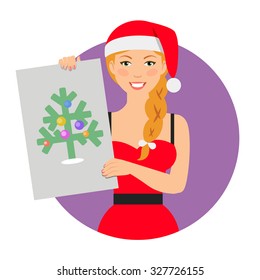 Female character, portrait of smiling woman wearing Santa costume, holding picture with Christmas tree