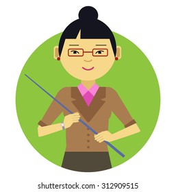 Female character, portrait of smiling young Asian female teacher holding pointer