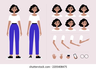 Female character poses for animation. Creation set with various views, face emotions, poses and gestures.