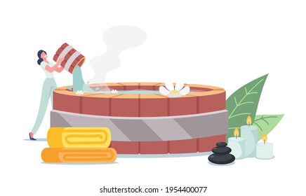 Female Character Pouring Hot Water into Traditional Japanese Bath Onsen with Flowers, Stones, Candles and Towel around, Woman Prepare Bathtub for Clients in Spa. Cartoon People Vector Illustration
