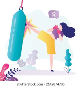 Female character practicing punches on punching bag. Athletic woman practicing kicks before fight. Sporty girl engaged in physical activity. Sportswoman motivated to win. Flat vector illustration