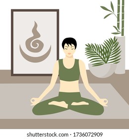 Female character practicing yoga inside of room. In behind of her picture with Buddhist sun and moon symbol and home plants