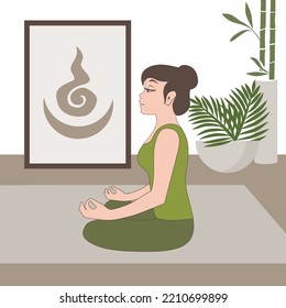 Female Character Practicing Yoga Inside Of Room. In Behind Of Her Picture With Buddhist Sun And Moon Symbol And Home Plants