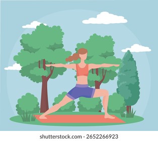 Female character practicing yoga in warrior pose on a red mat in a green park surrounded by trees and clouds, flat style on a blue background. Vector illustration