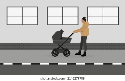 A female character with a pram walks along the sidewalk along the wall with windows