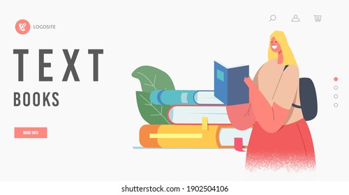 Female Character Prepare to Examinations in University Landing Page Template. Woman Student Studying. Girl with Textbooks Training, Study Lecture, Learning Classes. Cartoon People Vector Illustration