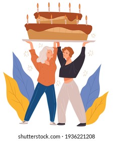 Female character prepared surprise birthday party, ladies holding cake with lit candles to make wish. Joy and celebration of special event. Friends with festive mood and dessert. Vector in flat style
