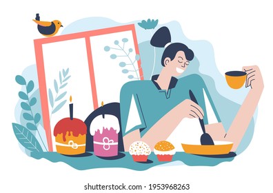 Female character preparing for easter holiday. Woman with baked cakes with burning candle and sprinkle. Lady and chirping bird with foliage. Christianity and celebration. Vector in flat style