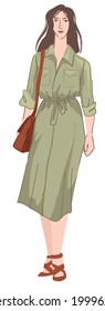 Female character presenting military or safari clothes collection. Model with maxi dress and stylish handbag with strap. Casual outfit for ladies. Feminine attractive look. Vector in flat style