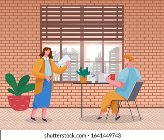 Female character presenting to partner ideas on paper. Office workers working in team. Project manager controlling quality of tasks completion of newcomer. Professionals vector in flat style