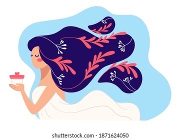 Female character presenting shampoo or conditioner for healthy treatment. Smooth and gentle washing. Lady with long hair. Decorative foliage and leaves on girls hairstyle. Vector in flat style