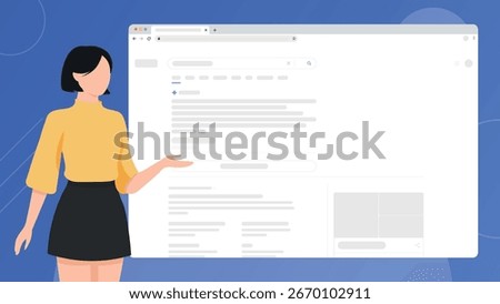 Female character presenting web browser mockup 