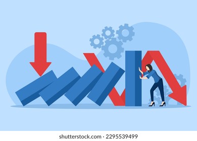 the female character presses the domino line to stop the chain reaction. Business crisis management, risk protection. Businessman helping stop falling dominoes. Insurance company, solve the problem