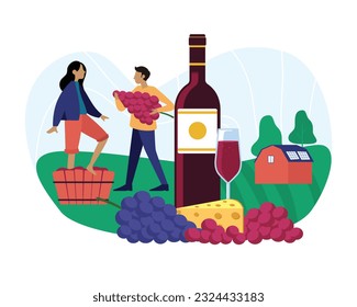 Female character presses grapes in wooden barrel. Man carries new batch of berries. Making wine at home. Family business. Place for tasting excursions