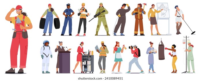 Female Character Professions, Strong Women Builder, Mechanic, Police Officer, Architect. Soldier, Astronaut, Orator and Air Hostess with Firefighter, Welder, Nurse. Cartoon People Vector Illustration