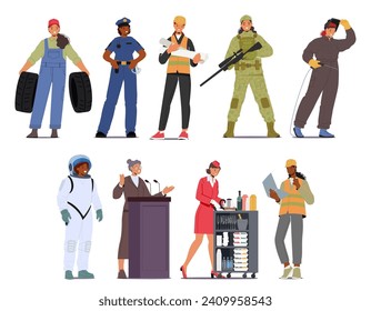 Female Character Professions. Women Garage Mechanic, Police Officer, Architect or Contractor. Soldier, Welder, Astronaut and Speaker with Stewardess. Cartoon People Vector Illustration