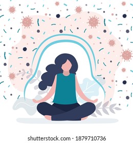 Female character protected from bacteria and viruses. Woman boosting immune system with yoga. Cute girl practicing meditation. Concept of healthy lifestyle and good habits. Flat vector illustration