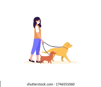 Female character in protective medical mask walking with dogs in the park. Pet care, outdoor activities. Man spends time with pets outdoors. Vector illustration in cartoon style on a white background.