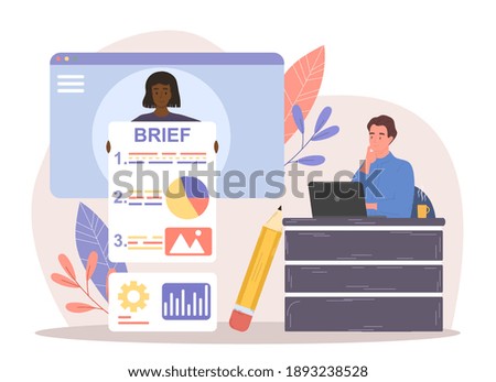 Female character is providing client brief for employees. Client is giving instructions for new project. Male character is sitting and working on laptop next to brief. Flat cartoon vector illustration
