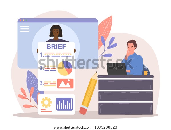 Female character is providing client brief\
for employees. Client is giving instructions for new project. Male\
character is sitting and working on laptop next to brief. Flat\
cartoon vector\
illustration