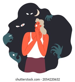 Female character with psychological fear of darkness and night. Nyctophobia of woman, lady looking and seeing hands and eyes of creatures and monsters. Cartoon personage. Vector in flat style