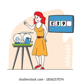 Female Character Pull Balls from Lottery Drum during Raffle. Game of Chance, Tv Show or Fortune Opportunity Concept. Woman Draw Activity, Entertainment. Drawing Bingo. Linear Vector Illustration