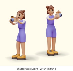 Female character in purple clothes is taking pictures. Young photographer. Vector realistic character, right and left view. Concept of tourism, blogging, photography, journalism