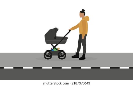 Female Character Pushing A Baby Stroller With Groceries On The Sidewalk On A White Background