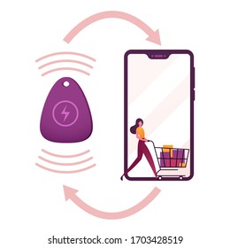 Female Character Pushing Shopping Trolley with Purchases on Huge Smartphone Screen with Beacon Technology Connection. Internet of Things, Wifi Connection for Mobile Phone. Cartoon Vector Illustration