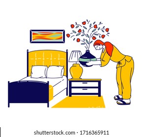 Female Character Put Aroma Oil Diffuser Lamp on Nightstand in Bedroom for Good Sleep and Relaxation at Home or Hotel. Aroma Therapy Recreation, Wellbeing, Health Concept. Linear Vector Illustration