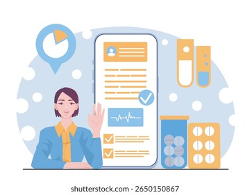 Female character with raised hand beside smartphone screen showing medical data, pills, and test tubes, on abstract background. Concept of digital health. Vector illustration