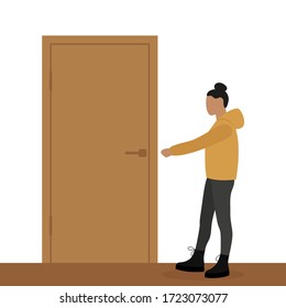 Female character reaches out to doorknob