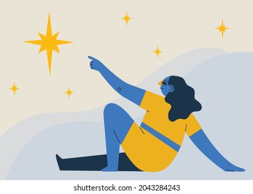 Female character reaching out for the star. Dreaming and making goal concept. Reach your dream . Make a wish. Hand drawn vector colorful funny cartoon style illustration