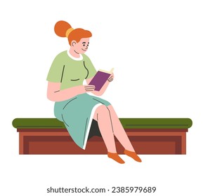 Female character reading book with information for exams. Studnet with fiction novel enjoying hobby in library or home. Woman with textbook, pupil of college or university. Vector in flat style