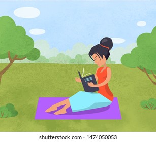 Female character reading book vector, woman enjoying publication literature in park. Nature with trees and foliage, lady sitting on blanket flat style