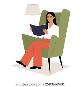 Female Character Reading A Book While Sitting In An Armchair, Flat Vector Illustration Symbolizing Relaxation, Knowledge, Literature, Comfort, Home Leisure, Isolated On White Background