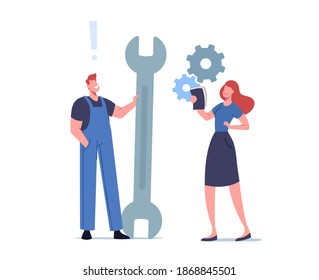 Female Character Reading User Manual Booklet, Document Specification Requirements, Instructions for Users, Information. Man in Working Overalls Holding Huge Wrench. Cartoon People Vector Illustration